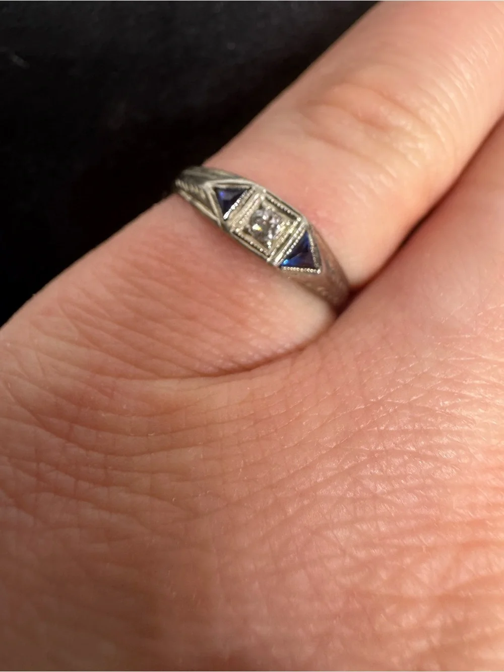 Antique Art Deco 1920s 14K White Gold Natural Sapphire & Diamond Ring Size 5.75
